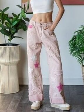 OLI & HALI Pink Star and Peace Washed Patchwork Jeans Size Small